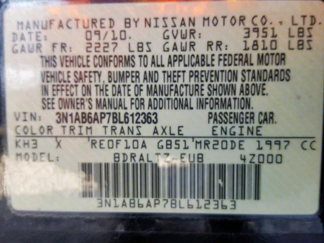 3N1AB6AP7BL612363 - 2011 NISSAN SENTRA 2.0 BLACK photo 10