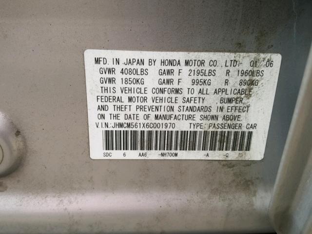 JHMCM561X6C001970 - 2006 HONDA ACCORD VAL SILVER photo 10