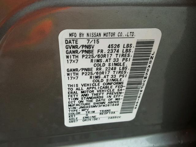 JN8AS5MV3FW261649 - 2015 NISSAN ROGUE SELE GRAY photo 10