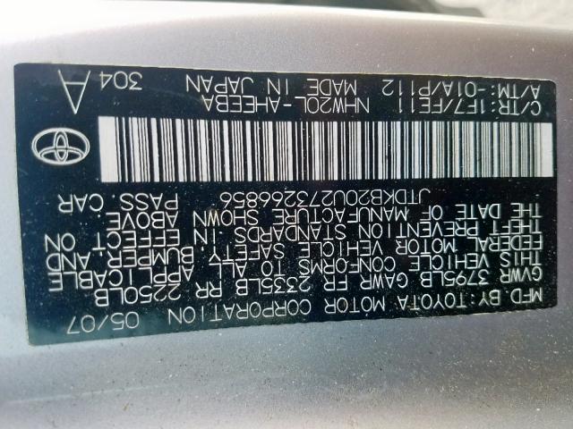 JTDKB20U273266856 - 2007 TOYOTA PRIUS SILVER photo 10