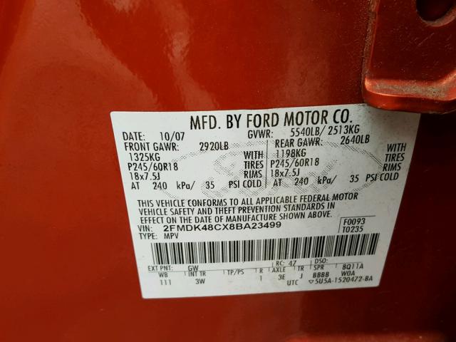 2FMDK48CX8BA23499 - 2008 FORD EDGE SEL ORANGE photo 10