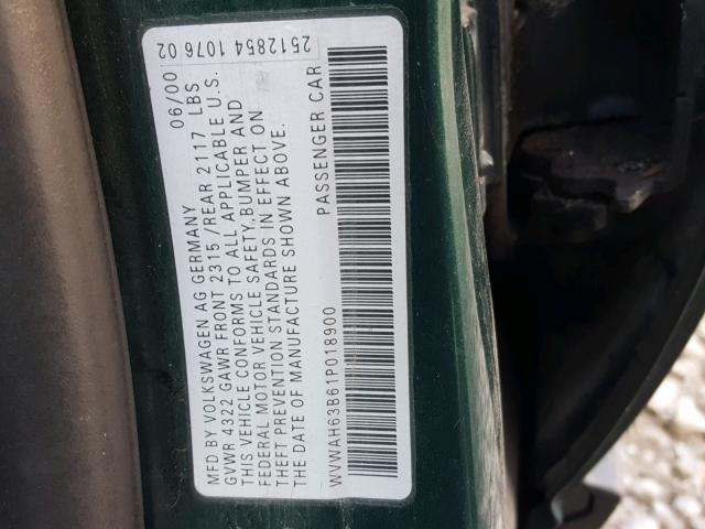 WVWAH63B61P018900 - 2001 VOLKSWAGEN PASSAT GLS GREEN photo 10