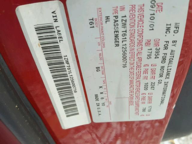 1ZWFT61L125600716 - 2002 MERCURY COUGAR V6 RED photo 10