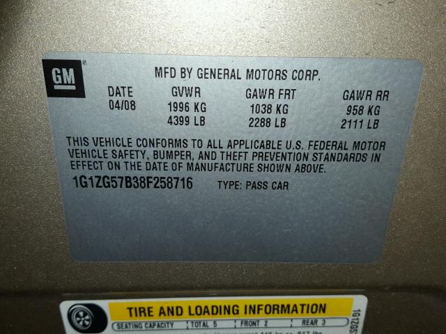 1G1ZG57B38F258716 - 2008 CHEVROLET MALIBU LS ბეჟი ფოტო 10