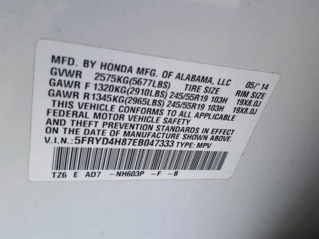 5FRYD4H87EB047333 - 2014 ACURA MDX ADVANC WHITE photo 10