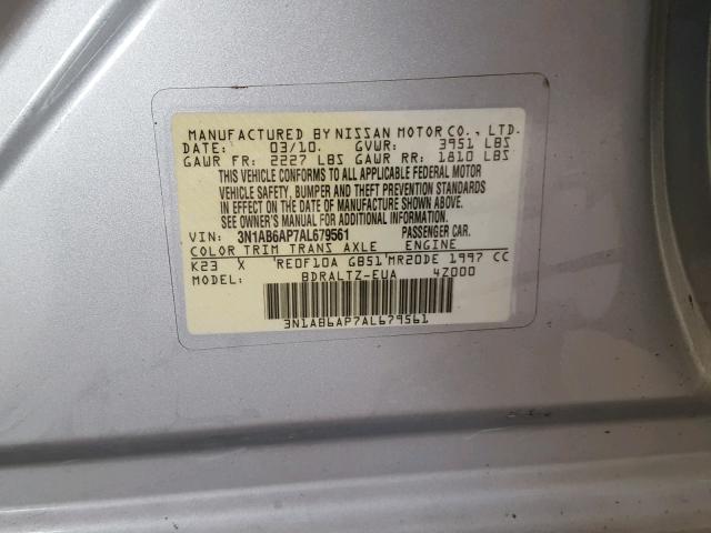 3N1AB6AP7AL679561 - 2010 NISSAN SENTRA 2.0 GRAY photo 10