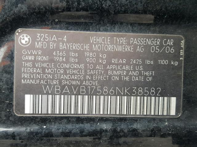 WBAVB17586NK38582 - 2006 BMW 325 I AUTO BLACK photo 10