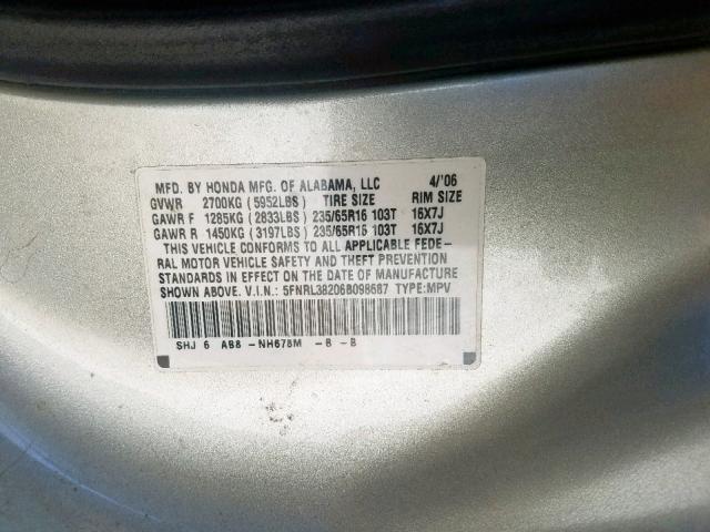 5FNRL38206B098687 - 2006 HONDA ODYSSEY LX SILVER photo 10