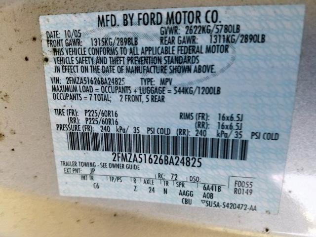 2FMZA51626BA24825 - 2006 FORD FREESTAR S SILVER photo 10