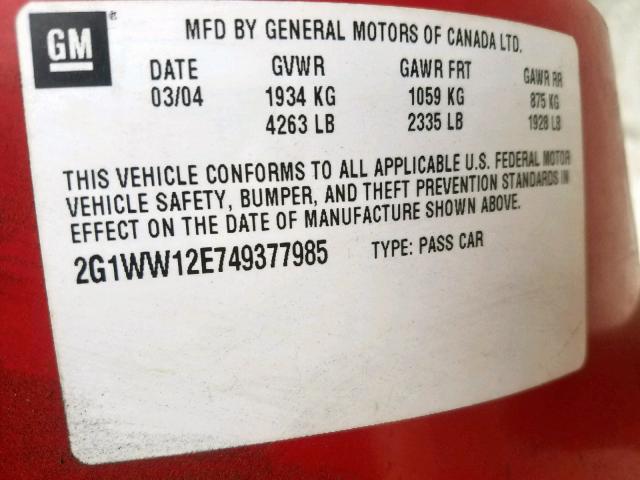 2G1WW12E749377985 - 2004 CHEVROLET MONTE CARL წითელი ფოტო 10