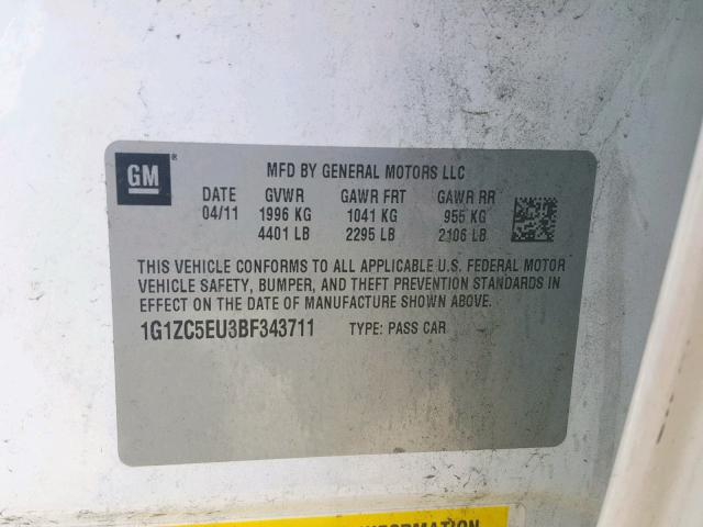 1G1ZC5EU3BF343711 - 2011 CHEVROLET MALIBU 1LT WHITE photo 10