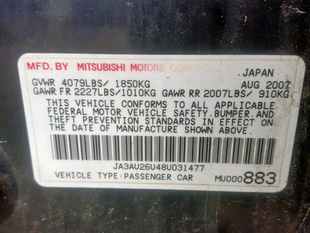 JA3AU26U48U031477 - 2008 MITSUBISHI LANCER ES BLACK photo 10