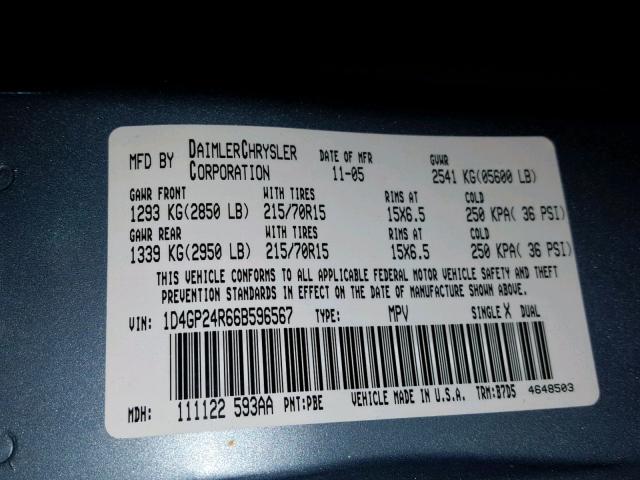 1D4GP24R66B596567 - 2006 DODGE GRAND CARA BLUE photo 10