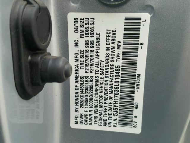 5J6YH17636L010485 - 2006 HONDA ELEMENT EX SILVER photo 10