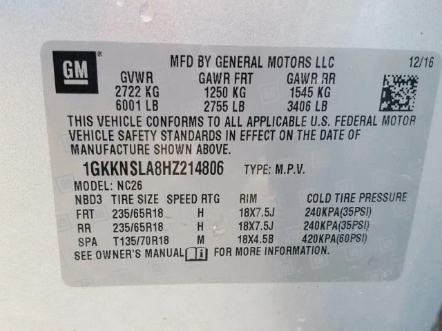 1GKKNSLA8HZ214806 - 2017 GMC ACADIA SLE SILVER photo 10