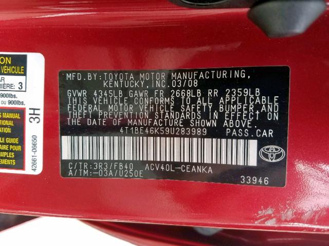 4T1BE46K59U283989 - 2009 TOYOTA CAMRY BASE RED photo 10