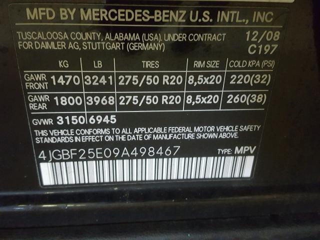 4JGBF25E09A498467 - 2009 MERCEDES-BENZ GL BLACK photo 10