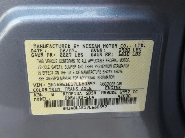 3N1AB61E17L680597 - 2007 NISSAN SENTRA 2.0 SILVER photo 10