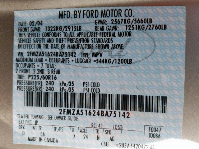 2FMZA51624BA75142 - 2004 FORD FREESTAR S GRAY photo 10