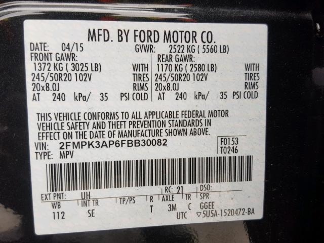 2FMPK3AP6FBB30082 - 2015 FORD EDGE SPORT BLACK photo 10