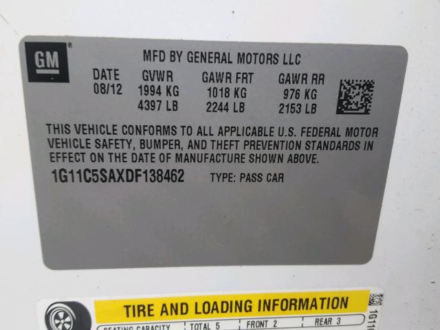 1G11C5SAXDF138462 - 2013 CHEVROLET MALIBU 1LT WHITE photo 10