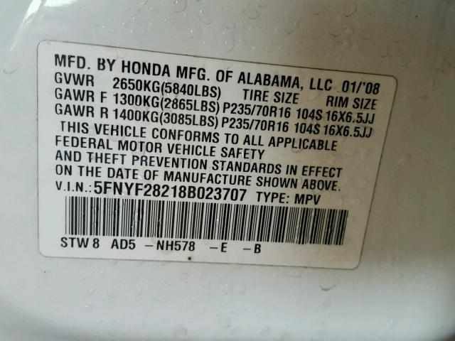 5FNYF28218B023707 - 2008 HONDA PILOT VP WHITE photo 10