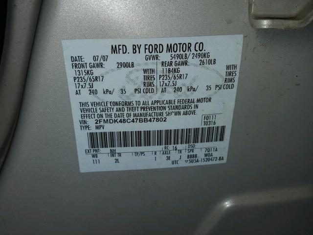 2FMDK48C47BB47802 - 2007 FORD EDGE SEL CREAM photo 10