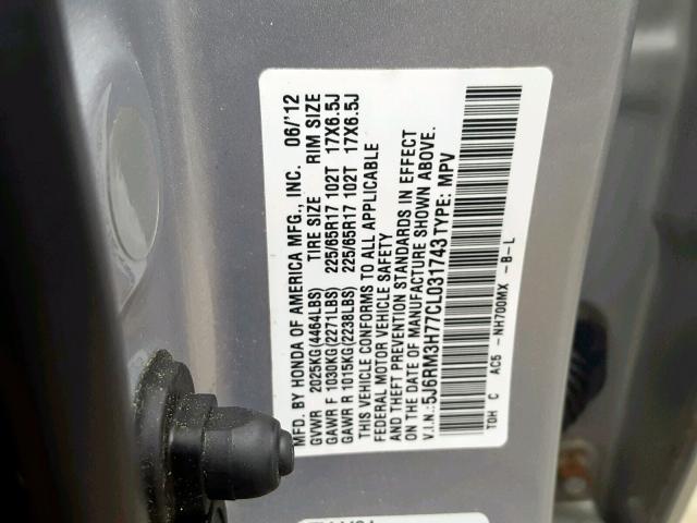 5J6RM3H77CL031743 - 2012 HONDA CR-V EXL SILVER photo 10