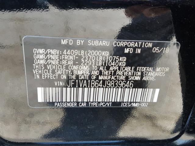 JF1VA1B64J9839646 - 2018 SUBARU WRX BLACK photo 10