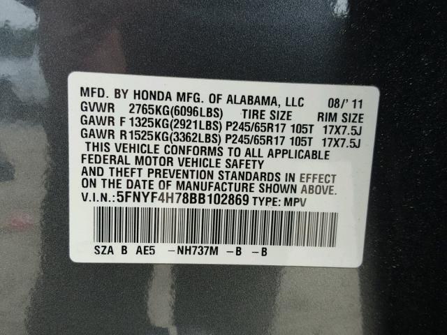 5FNYF4H78BB102869 - 2011 HONDA PILOT EXLN GRAY photo 10