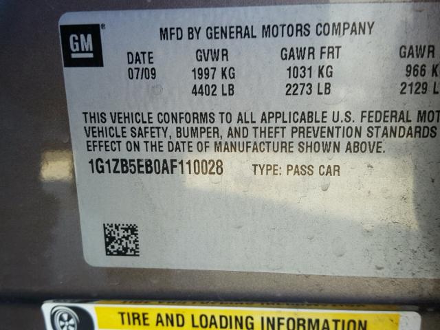 1G1ZB5EB0AF110028 - 2010 CHEVROLET MALIBU LS GRAY photo 10