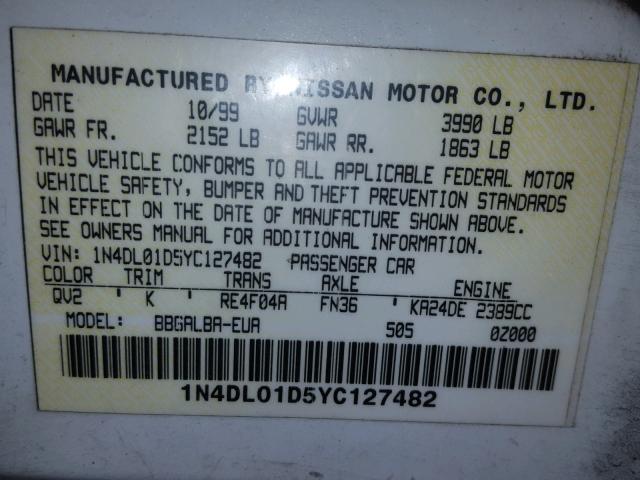 1N4DL01D5YC127482 - 2000 NISSAN ALTIMA XE WHITE photo 10