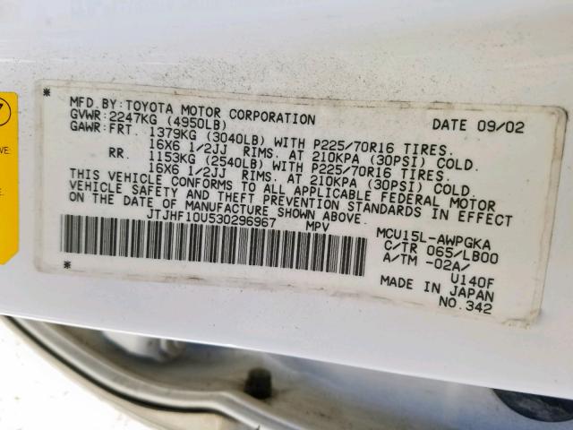 JTJHF10U530296967 - 2003 LEXUS RX 300 WHITE photo 10