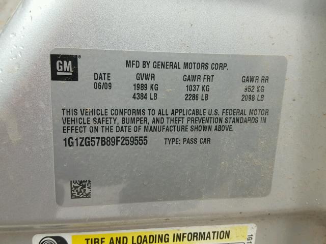 1G1ZG57B89F259555 - 2009 CHEVROLET MALIBU LS 银色 照片 10