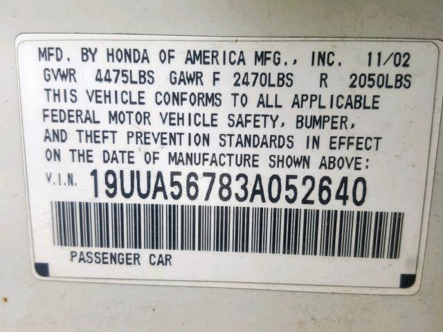 19UUA56783A052640 - 2003 ACURA 3.2TL WHITE photo 10