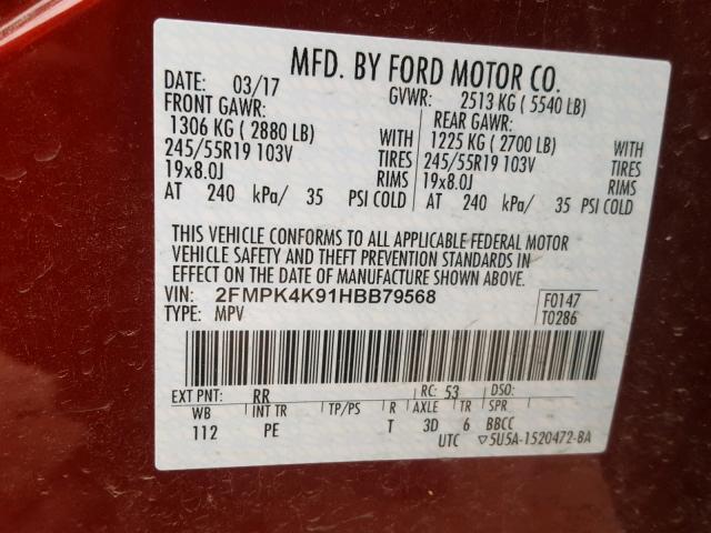 2FMPK4K91HBB79568 - 2017 FORD EDGE TITAN RED photo 10