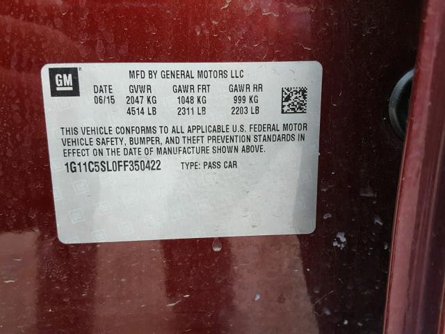 1G11C5SL0FF350422 - 2015 CHEVROLET MALIBU 1LT მუქწითელი ფოტო 10