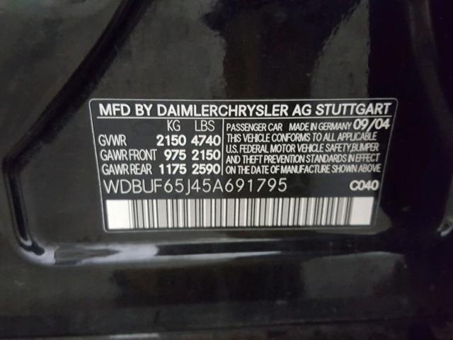 WDBUF65J45A691795 - 2005 MERCEDES-BENZ E 320 BLACK photo 10