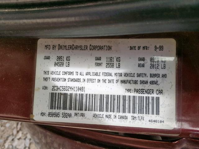 2C3HC56G2YH110491 - 2000 CHRYSLER LHS MAROON photo 10