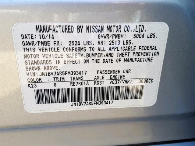 JN1BV7AR5FM393417 - 2015 INFINITI Q50 BASE SILVER photo 10