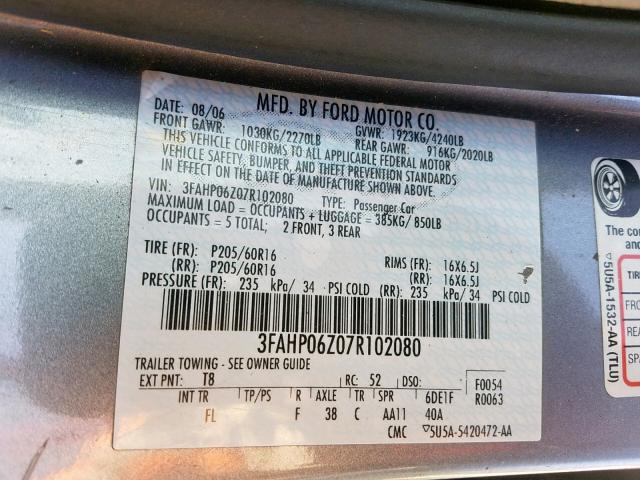 3FAHP06Z07R102080 - 2007 FORD FUSION S GRAY photo 10