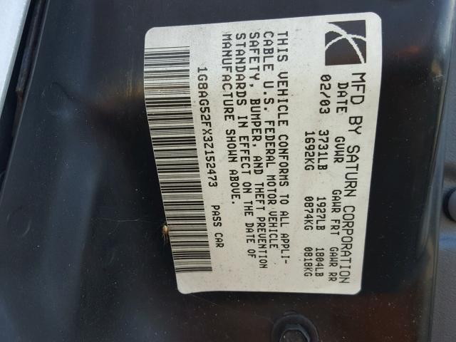 1G8AG52FX3Z152473 - 2003 SATURN ION LEVEL SILVER photo 10