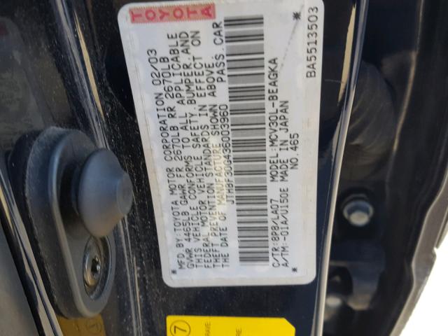 JTHBF30G436003960 - 2003 LEXUS ES 300 BLACK photo 10