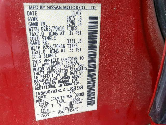 1N6AD07W18C418898 - 2008 NISSAN FRONTIER C RED photo 10