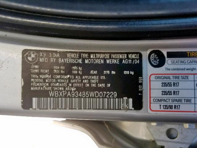 WBXPA93485WD07229 - 2005 BMW X3 3.0I SILVER photo 10