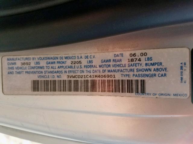 3VWCD21C41M406901 - 2001 VOLKSWAGEN NEW BEETLE ვერცხლისფერი ფოტო 10