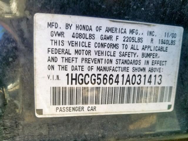 1HGCG56641A031413 - 2001 HONDA ACCORD EX BLACK photo 10