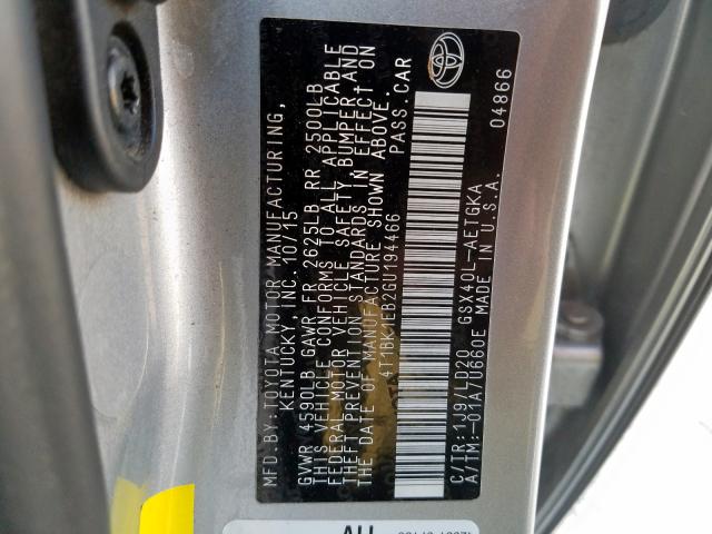 4T1BK1EB2GU194466 - 2016 TOYOTA AVALON XLE SILVER photo 10