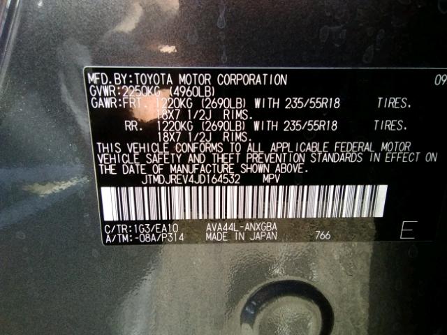 JTMDJREV4JD164532 - 2018 TOYOTA RAV4 HV LI GRAY photo 10