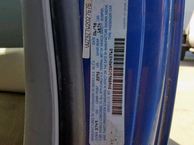 3VWBB61C0WM040760 - 1998 VOLKSWAGEN NEW BEETLE ლურჯი ფოტო 10